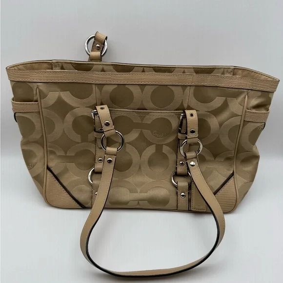 Coach East West Chelsea Op Art Tan Shoulder Bag Signature Tote Bag Pre Owned - Picture 1 of 9